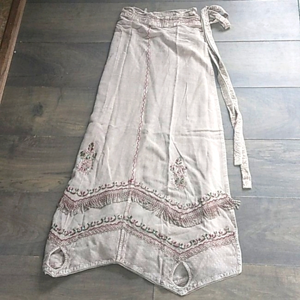 VTG Y2K BOHO RAYON INDIA FRINGE BEADED EMBROIDERED WRAP MAXI SKIRT WOMANS M/L